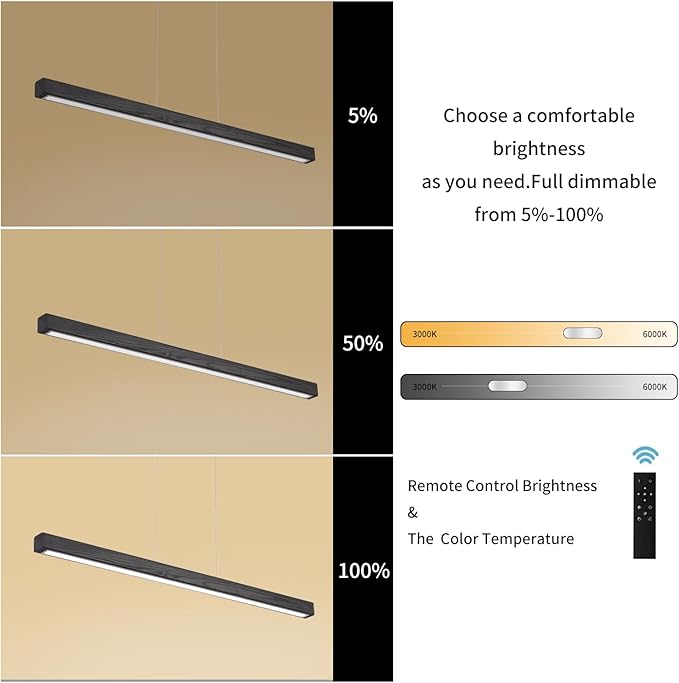 39 Inch LED Linear Pendant Light Black Wood LED Kitchen Island Lighting Dimmable Ceiling Hanging Chandeliers for Dining Room Living Room Bar Pool Table 24W Modern Farmhouse Fixture Black