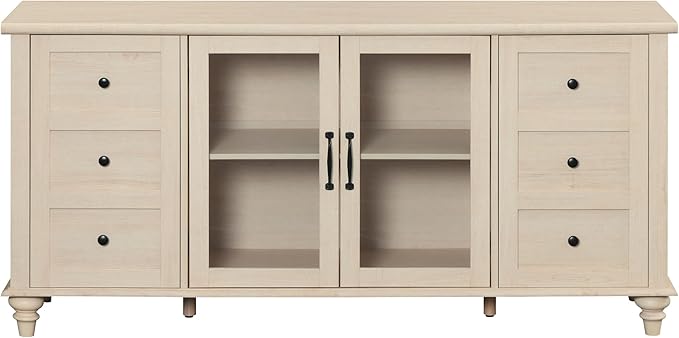 WAMPAT Sideboard Buffet Cabinets with Glass Door, Kitchen Storage Cabinets, Wood Coffee Bar Tables, Accent Sideboard Storage Cabinet Table Dining Room, Living Room,Beige