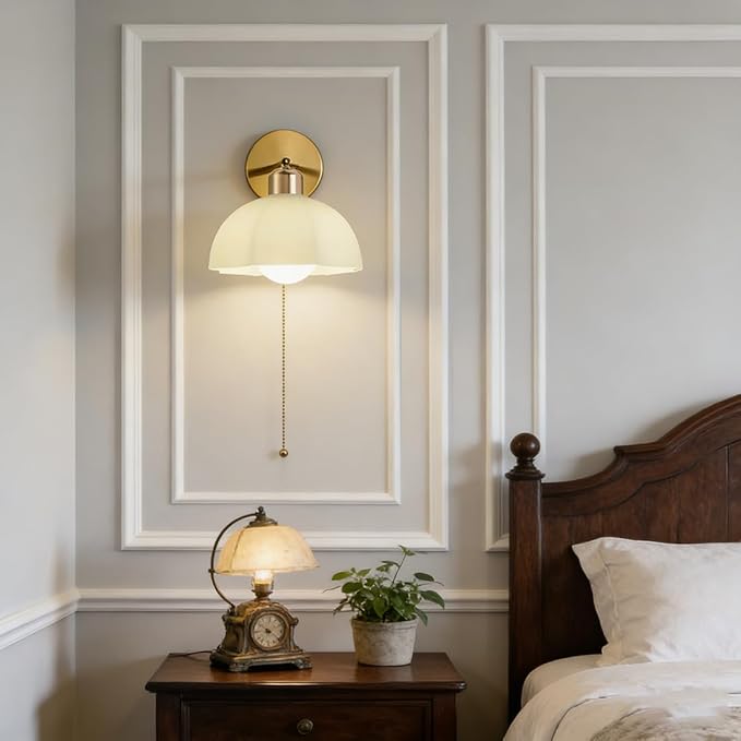 White Glass Wall Light Fixture Vintage Wall Sconces with Pull Chain Switch Brushed Gold Brass Sconce Wall Lighting Retro White Flower Glass Sconce for Bedroom Kitchen Hallway
