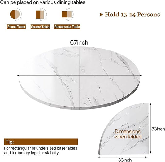Wood Round Foldable Table Top Only Large Portable Tabletop for Desktop Transformation 47 51 55 59 63 71 inch 4-Fold Folding Round Table Top Extender Space Saving for Family Dinners(White Marble,67")