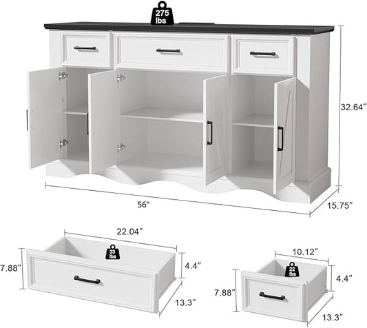 56" Modern Farmhouse Sideboard Buffet Cabinet with 4 Doors and 3 Drawers, Coffee Bar with Charging Station & Adjustable Shelves, Large Kitchen Storage for Hallway, Entryway, Living Room, White