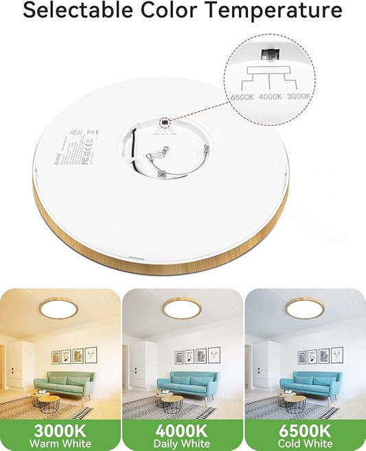 zemty LED Ceiling Light Wood - 12In 28W 3200lm Flush Mount Ceiling Light with 3 Color Temperature 3000K/4500K/6000K - Round Flat Light Fixture for Kitchen Bathroom Shower, 2Pack