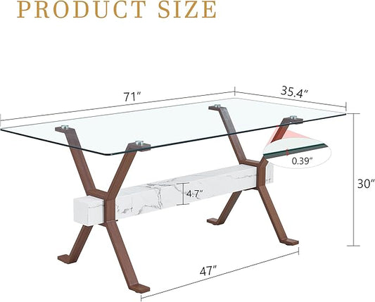 Glass Dining Table 71"|Modern Dining Table for 6|0.4" Thick Tempered Glass Top|Walnut Pattern Metal Legs|Marble Crossbar|Easy Assembly|Perfect for Dining Room or Kitchen