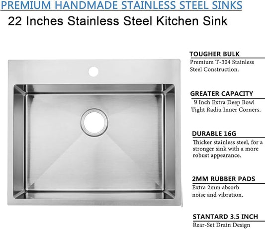SHACO 22x18 Inch Drop In Bar Sink, 22 Inch Outdoor RV Laundry Utility Sink,16 Gauge Stainless Steel Single Bowl Brushed Nickel Small Kitchen Prep Sink with Strainer Drain
