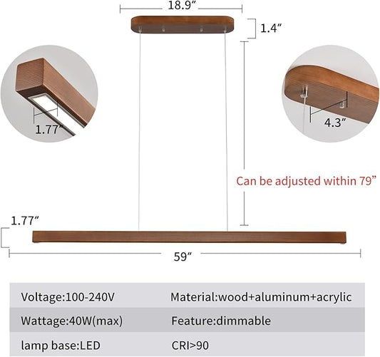 YISDESIGN 59" Wood Linear Pendant Light Fixtures Modern Led 40w Dimmable Pendant Lighting Kitchen Island Lighting Ceiling Hanging Farmhouse Chandeliers for Dining Room Pool Table Walnut Color