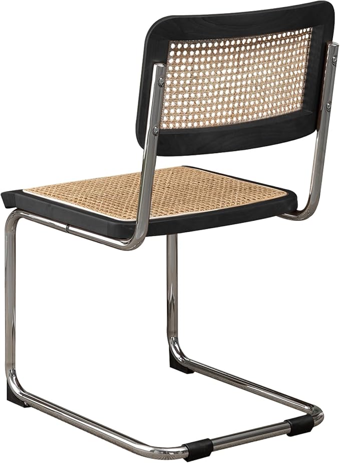 Alunaune Mid Century Modern Black Dining Chairs Set of 4, Upholstered Natural Rattan Kitchen Chairs, Armless Accent Chair Side Chairs with Metal Chrome Legs for Bedroom Living Room-Rattan Seat