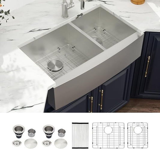 Kichae 33 Apron Double Farmhouse Sink - 33 Inch Apon Front Kitchen Farm Sink Stainless Steel 18 Gauge Double Bowl 60/40 Modern Handmade Farmhouse Sinks Basin