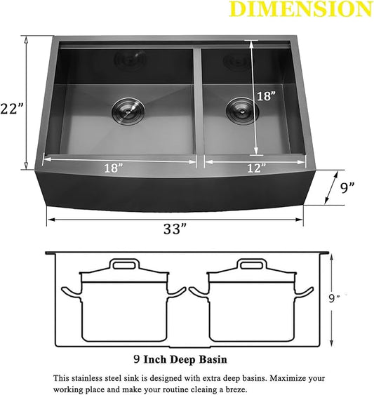 SHACO Double Bowl 60/40 Black Farmhouse Sink, 33x22 Inch Stainless Steel Apron Front Divided Double Basin Farmhouse Kitchen Sink, Gunmetal Black Farm Workstation Sink