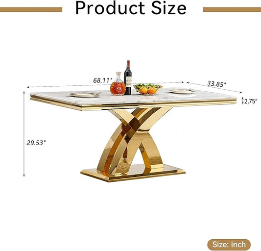 68" Faux Marble White Dining Table for 6-8, Modern Dining Room Table with 0.71" Marble Printing MDF Top and X-Shaped Gold Stainless Steel Base, Rectangle Kitchen Dinner Table