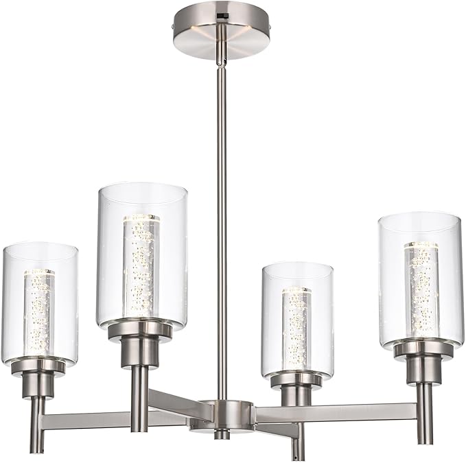 VINLUZ LED 4-Light Brushed Nickel Chandelier for Dining Room, Modern Farmhouse Chandelier with Clear Bubble Crystal Glass Shades, Ceiling Pendant Light with Adjustable Swivel Heads for Kitchen Hallway