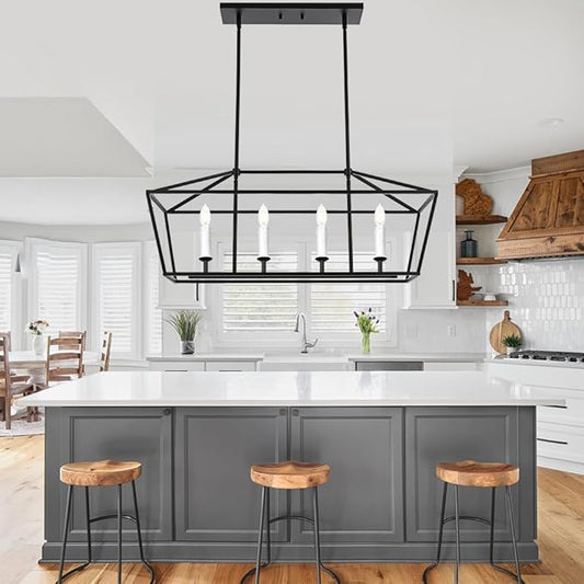 BONLICHT Modern Linear Chandelier Black 4 Light Industrial Kitchen Island Pendant Light Fixtures Ceiling Hanging with Metal Cage Shade, White Farmhouse Chandelier Dining Room Lighting Over Table