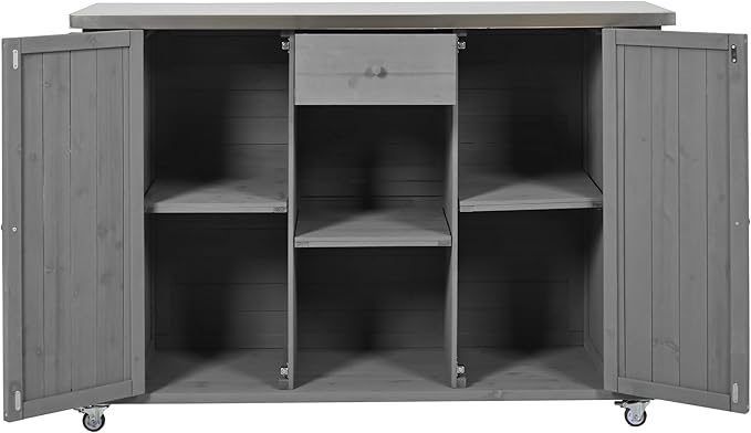 Flieks Outdoor Kitchen Island Fir Wood Kitchen Island with Stainless Steel Top, Ample Storage Space, Towel and Spice Racks and a Bottle Opener for Outdoor, Grey