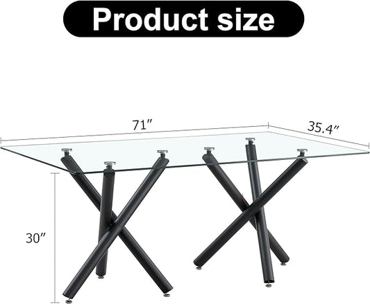 71” Rectangle Dining Table, Large Modern Dining Table for 6–8 People with 0.4" Thickened Tempered Glass Top, Glass Kitchen Table with Black Metal Legs for Dining Room