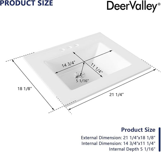 DeerValley 21x18 Inch Rectangular Fireclay Drop-in Bathroom Sink, White Vessel Sink with Overflow, Modern Art Basin, DV-1DS0123