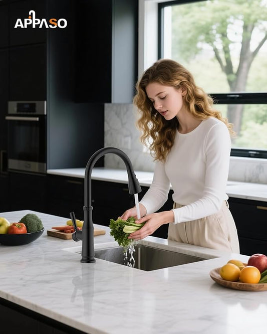 APPASO Black Kitchen Faucet with Pull Down Sprayer, 360ยฐ Swivel, 20-Inch Flexible Hose, One Hole Single Handle High Arc Matte Black Faucet for 1 or 3 Holes Kitchen Farmhouse Outdoor Sink, Easy Install