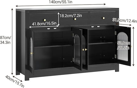 Garvee 55" Buffet Cabinet with Storage, Modern Sideboard with Arched Acrylic Fluted Doors & 3 Drawers, Coffee Bar Cabinet with Adjustable Shelves for Dining Room, Living Room, Kitchen, Black
