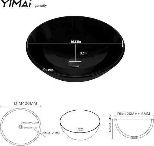 YIMAI Black Glass Vessel Sink 16.5" x 16.5" x 5.5" – Tempered Glass Above Counter Round Bathroom Sink Bowl Countertop Modern Sinks with Faucet and Drain Combo, Easy Install for Master or Powder Room