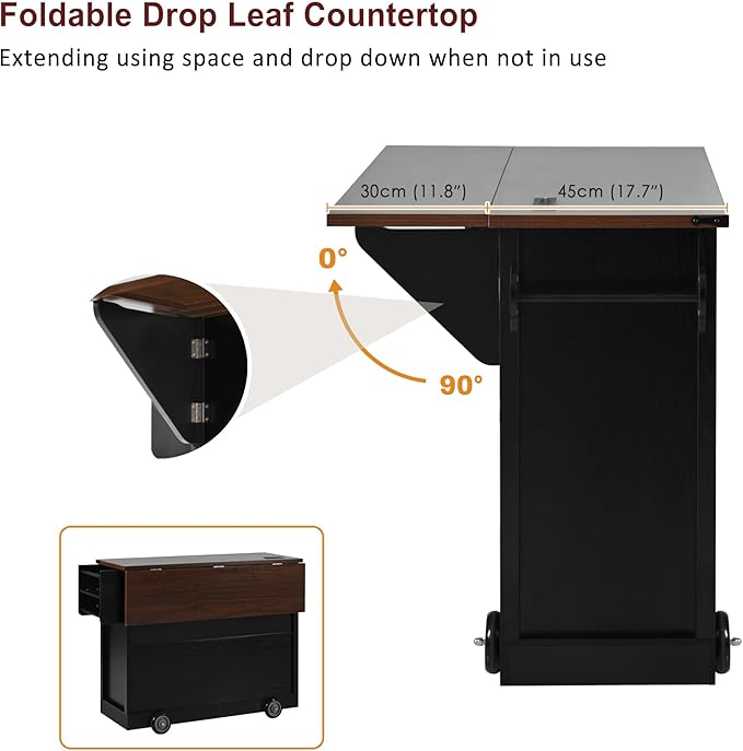 54" Farmhouse Kitchen Island Table with Drop Leaf, Power Outlet, Kitchen Storage Cart with 2 Doors, 2 Drawers, Rolling Kitchen Island on 4 Large Wheels with Spice Rack for Kitchen, Dining Room, Black