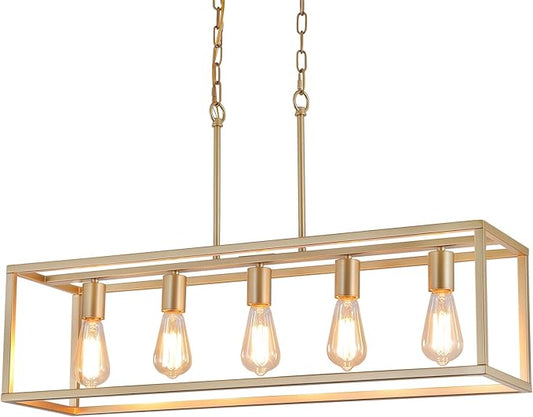 AMZASA Gold Rectangle Kitchen Island Lights Rectangular Modern Industrial Chandelier for Dining Room 5 Lights Linear Vintage Cage Light Fixtures UL Listed