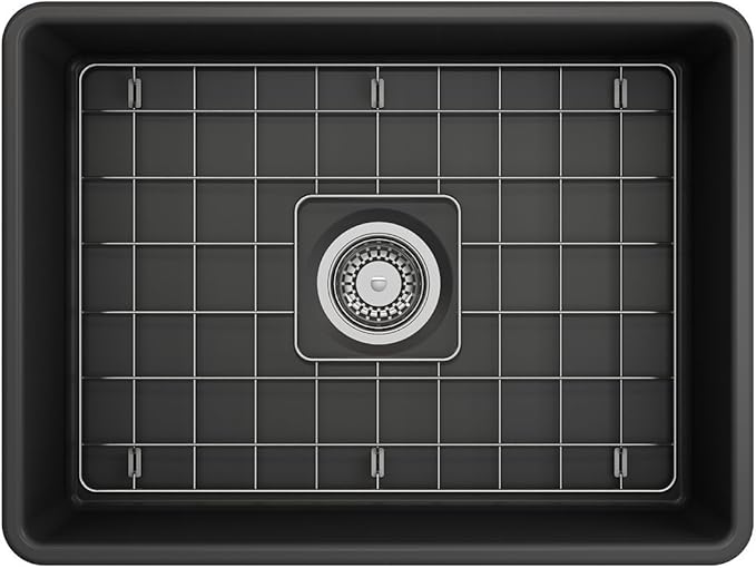 BOCCHI Classico Farmhouse Apron Front Fireclay 24 in. Single Bowl Kitchen Sink with Protective Bottom Grid and Strainer in M.Dark Gray
