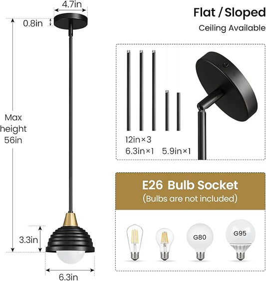 Industrial Kitchen Pendant Light Fixtures: 3 Pack 6 Inch Metal Modern Chandelier - Adjustable Farmhouse Black & Gold Pendant Lighting for Kitchen Island Hallway
