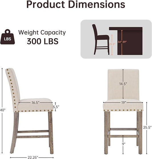Farmhouse Bar Stools Set of 4,25.5'' Farmhouse Counter Height Stools,Linen Upholstered Rustic Kitchen Barstools with Back and Legs for Kitchen,Bar Island,Dining Room