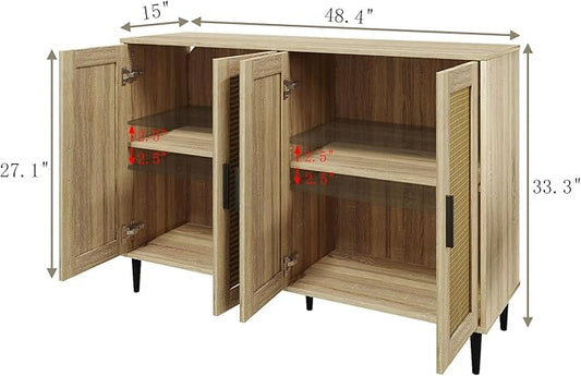 Buffet Sideboard,Kitchen Storage Cabinet with 4 Rattan Decorated Doors,Coffee Bar Cabinet with Adjustable Shelves for Living Room,Hallway,Natural