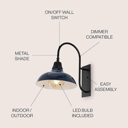 JONATHAN Y 12.25" Navy/Black 1-Light Farmhouse Gooseneck Outdoor Wall Sconce Lamp, with Black Metal Bowl Shade, Industrial Iron LED Porch Light for Patio Garage Entryway (JYL7614C)