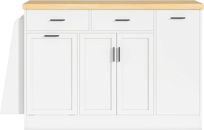 JIJIWANG 58" Kitchen Island Table with Drawers and Cabinets, Multi-Functional Storage Sideboard with Trash Can Storage and 3-Tier Spice Rack & Sliding Door Cabinet for Kitchen, Dining Room (White)