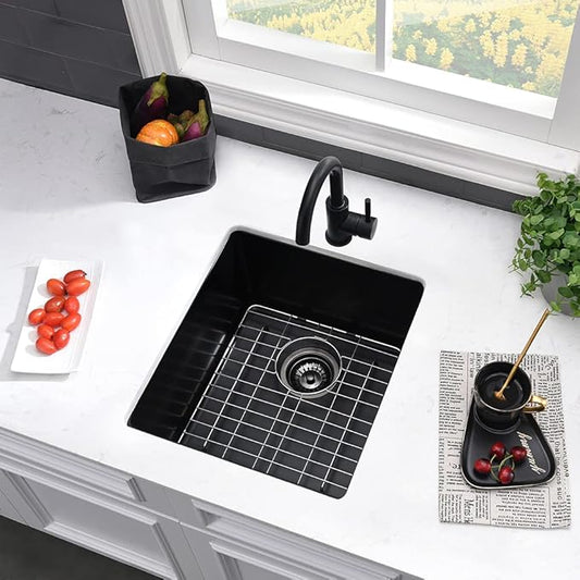17 Inch Undermount Bar Sink Black-VASOYO 17x19 Small Kitchen Sink Black Quartz Wet Bar Sinks Outdoor Rv Single Bowl Kitchen Sinks with Bottom Grid