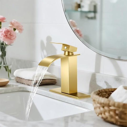 Brushed Gold Bathroom Faucets, Waterfall Bathroom Sink Faucet Single Handle Bathroom Faucet for 1 or 3 Hole, Mixer Tap Vanity Faucet with Deck Plate, Pop-up Drain and Supply Hoses