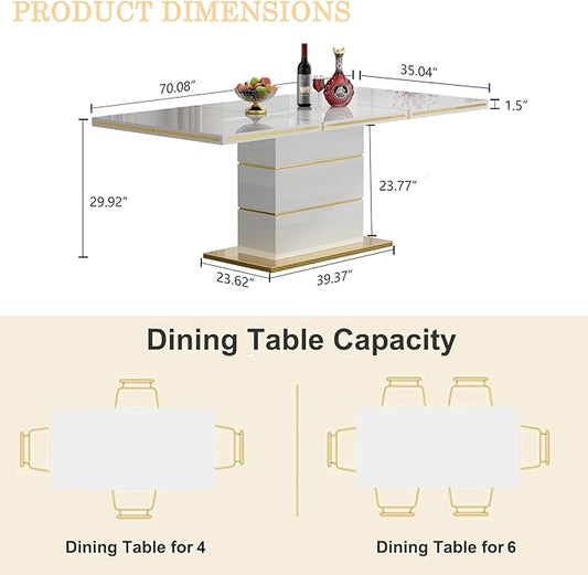 70" White Dining Table for 4 6, Modern Glossy Kitchen Table with 1.5" Thick Lacquered Tabletop and Gold Stainless Steel Trim, Luxury Rectangular Dinner Tables for Dining Room
