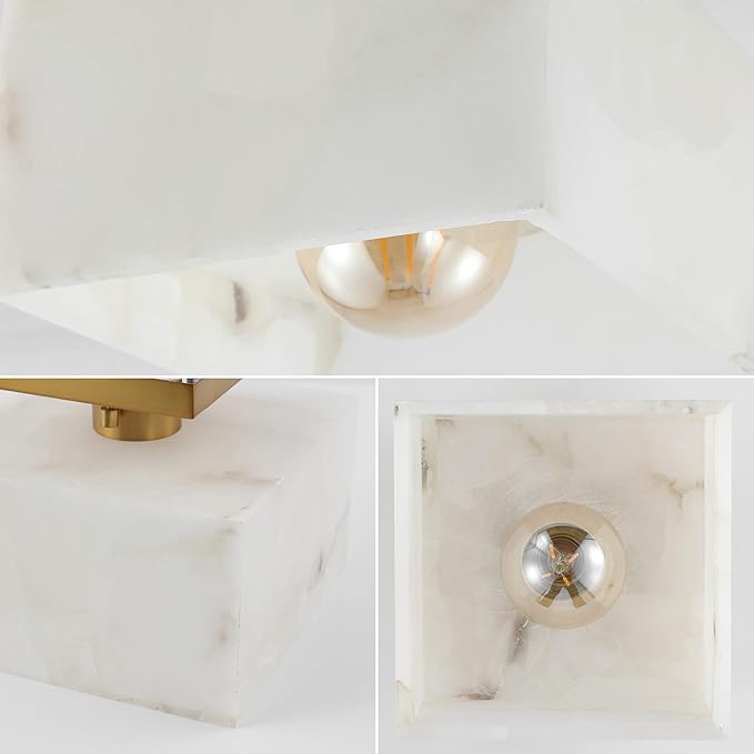JONATHAN Y 8" White Marbling/Brass Gold Modern 1-Light Semi Flush Mount Ceiling Light for Bedroom, Cube White Alabaster Marble Shade, Mid-Century Minimalist Fixture, LED Bulb Included (JYL1203A)