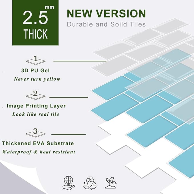 STICKGOO 10-Sheet Blue Subway Tiles Peel and Stick Backsplash, Stick on Tiles Kitchen Backsplash (Thicker Design)