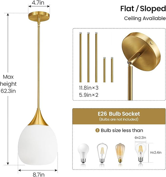 Kitchen Island Pendant Light: Mid Century Brushed Gold Hanging Light Fixtures with Milky Glass Globe - 10 Inch Farmhouse Chandeliers Ceiling Lighting for Dining Room
