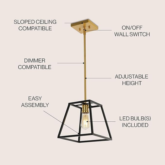 JONATHAN Y 9.25" Black/Brass Gold 1-Light Iron Pendant Lantern, Farmhouse Industrial Cage Light for Kitchen Island Dining Room, Adjustable Height, LED Bulb Included JYL6509A