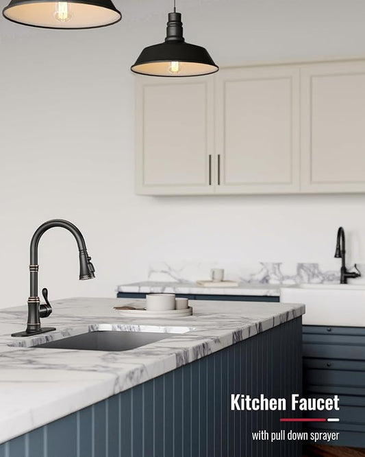 Homevacious Oil Rubbed Bronze Kitchen Faucet with Pull Down Sprayer 3 Spray Modes Vintage Single Handle Antique Brass Sink Faucet 1 or 3 Hole with Deck Plate Supply Lines for Farmhouse Camper Rv Bar
