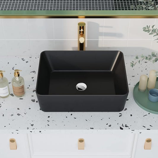 DeerValley Ally 19x15 Inch Matte Black Rectangular Vessel Sink, Above Counter Ceramic Bathroom Basin, DV-2V031