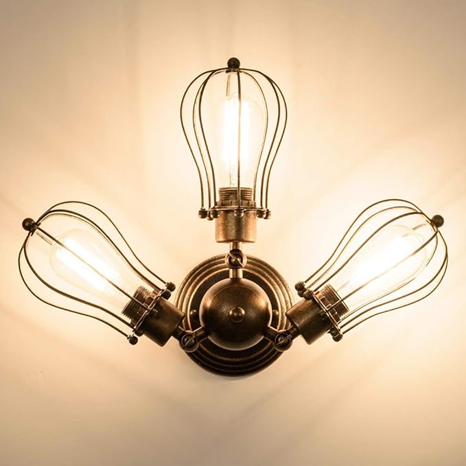 GLADFRESIT Vintage Ceiling Light 3 Lights Adjustable Socket Rustic Lamp, Metal Cage Semi-Flush Mount Industrial Ceiling Light Indoor Home Retro Chandeliers Lighting Fixture
