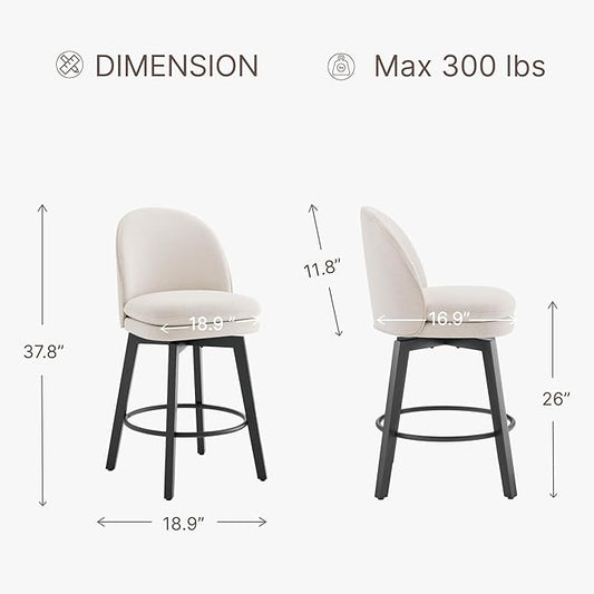 Counter Height Barstools 26 inch Upholstered Swivel Bar Stools with Back and Wood Legs for Kitchen Island,Set of 2,Beige Fabric-Armless