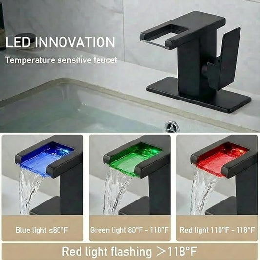 AVSIILE LED Bathroom Sink Faucet, Matte Black Waterfall Single Hole Handle Vanity Faucets for Sinks 1 Hole with Metal Pop Up Drain and 2 Water Supply Lines, Side Handle