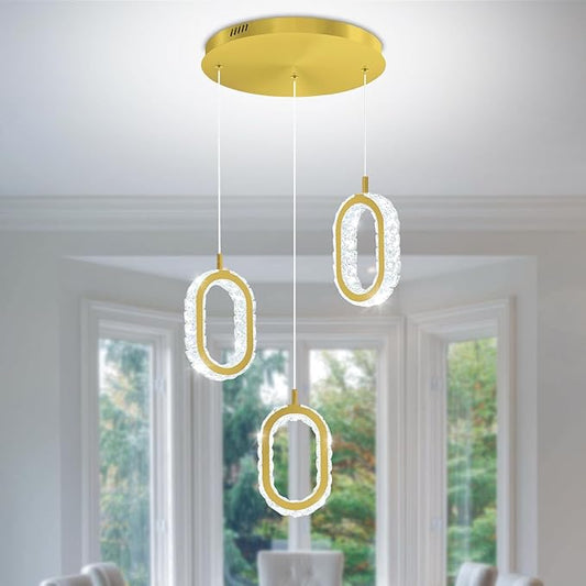 Dimmable Oval Ring Pendant Light Modern LED Crystal Ring Chandelier for Dining Room Bedroom Living Room Pendant Lights for Kitchen Island Adjustable 3-Light Gold