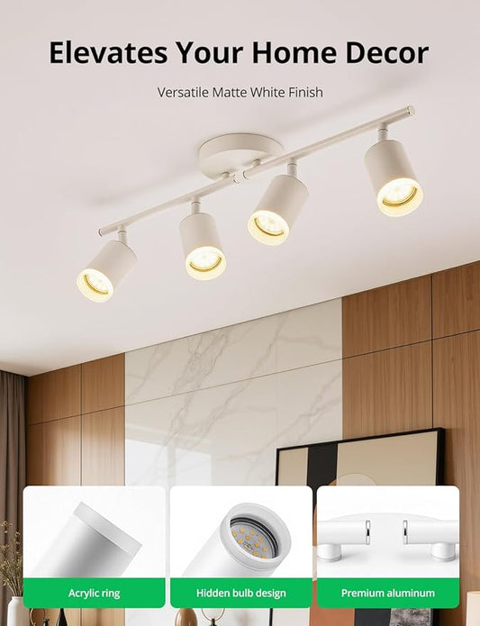 Bojim Track Lighting Fixtures Ceiling Mount for Kitchen, White 4 Way LED Spot Lights Indoor, Flexible Modern Track Light GU10 Socket for Studio, Bulbs Not Included