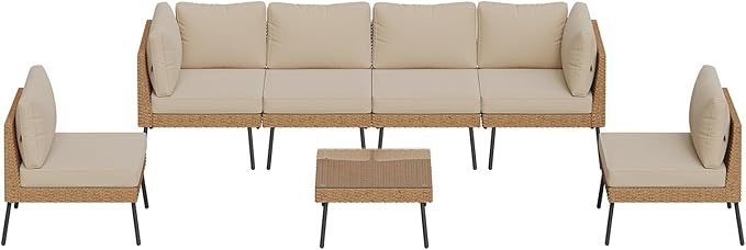 Aoxun Patio Furniture Set, 7 Piece Outdoor Sectional Sofas with Thick Cushion, Wicker Outdoor Patio Furniture Set with Coffee Table for Party, Garden, Backyard, Beige