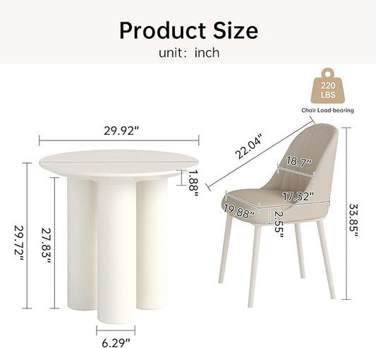 Miuuod 29.92 White Round Dining Table with 2 Chairs, Space Saving Coffee Table Set for 1-4 People, Sturdy Kitchen Table, Leisure Side Table for Balcony,Center Sofa Table,Small Desk