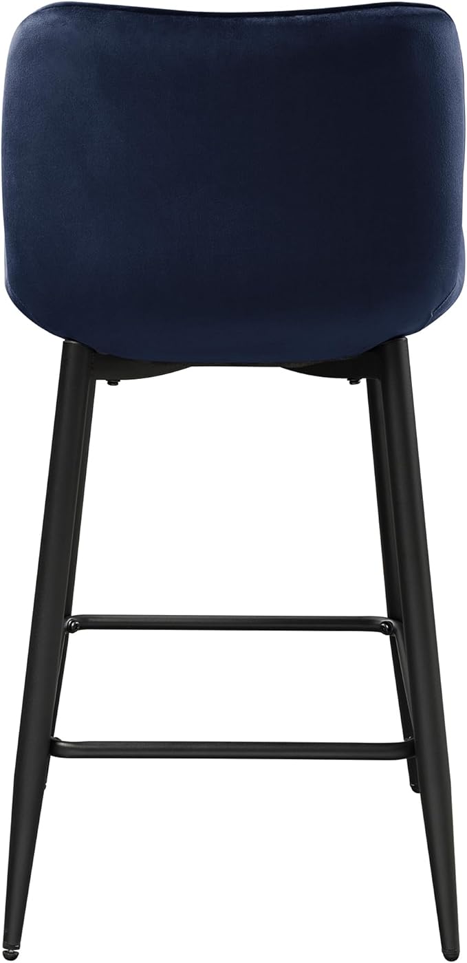 Lexicon Counter Stools Set of 2 - Counter Height Stools for Kitchen Table, Solid Padded Back, Black Metal Finish and Blue Velvet Cushion Seat, 24''SH