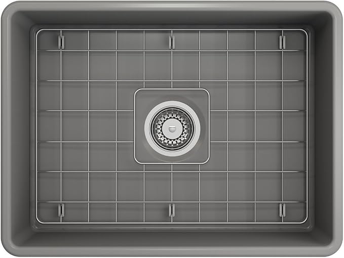 BOCCHI Classico Farmhouse Apron Front Fireclay 24 in. Single Bowl Kitchen Sink with Protective Bottom Grid and Strainer in M.Gray