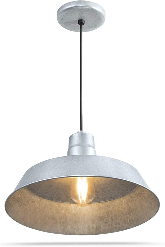 14-inch Industrial Galvanized Pendant Barn Light Fixture with 10ft Adjustable Cord, Ceiling-Mounted Vintage Hanging Light Fixture for Indoor Use, 120V Hardwire, E26 Base LED Compatible, UL Listed