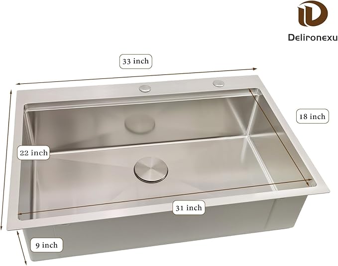 33x22 Drop In Kitchen Sink, Delironexu 33 Inch Kitchen Sink Workstation, 16 Gauge 304 Stainless Steel Top Mount Kitchen Sink Single Bowl with Accessories