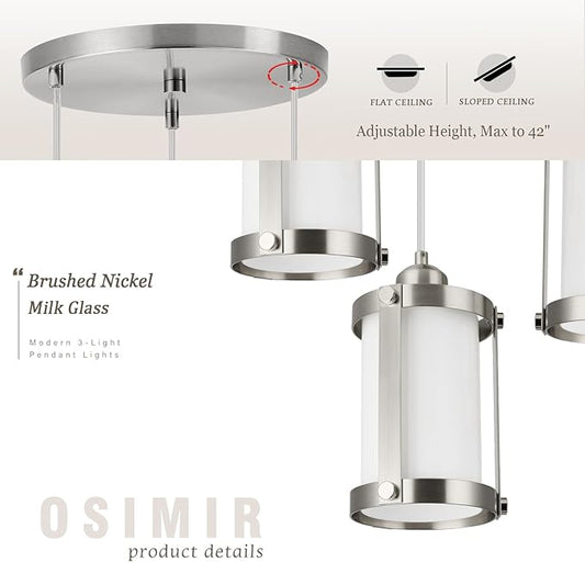3-Light Pendant Lighting, Brushed Nickel Dining Room Chandelier Light Fixture Over Table with Milk Glass, Modern Cluster Hanging Lights for Kitchen Island Sink, OS-3014-3BNW